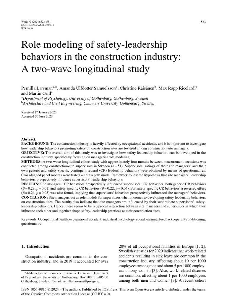 Larsman Et Al 2023 Role Modeling of Safety Leadership Behaviors in The ...