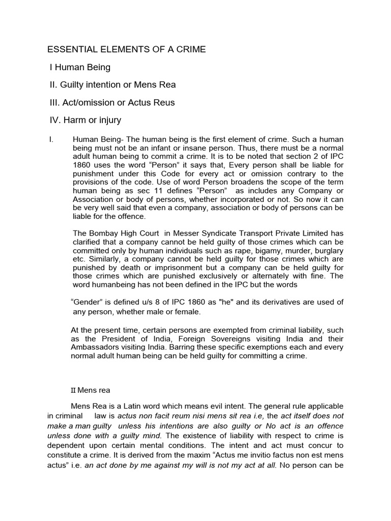 Key Elements of a Crime Explained | PDF | Mens Rea | Crimes