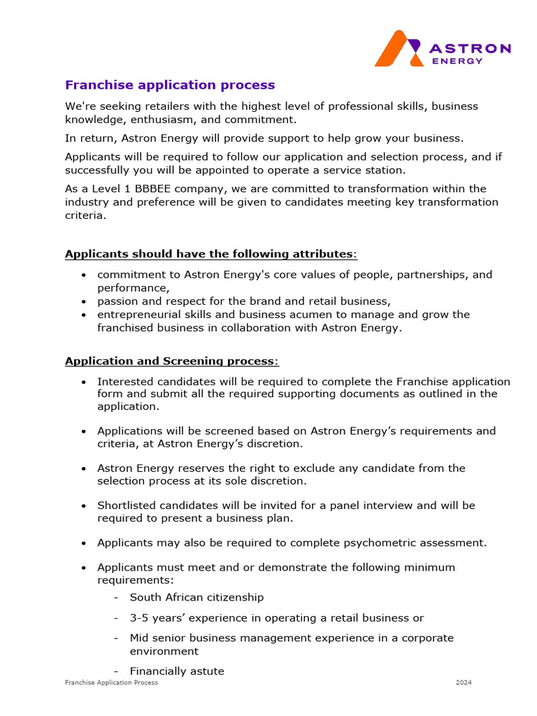 Astron Energy Franchise Application Guide | PDF | Business