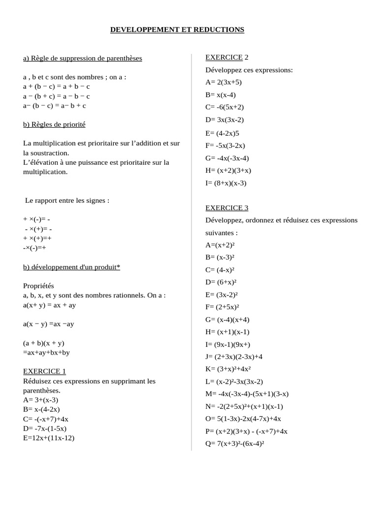 Développement et réduction d'expressions mathématiques | PDF ...