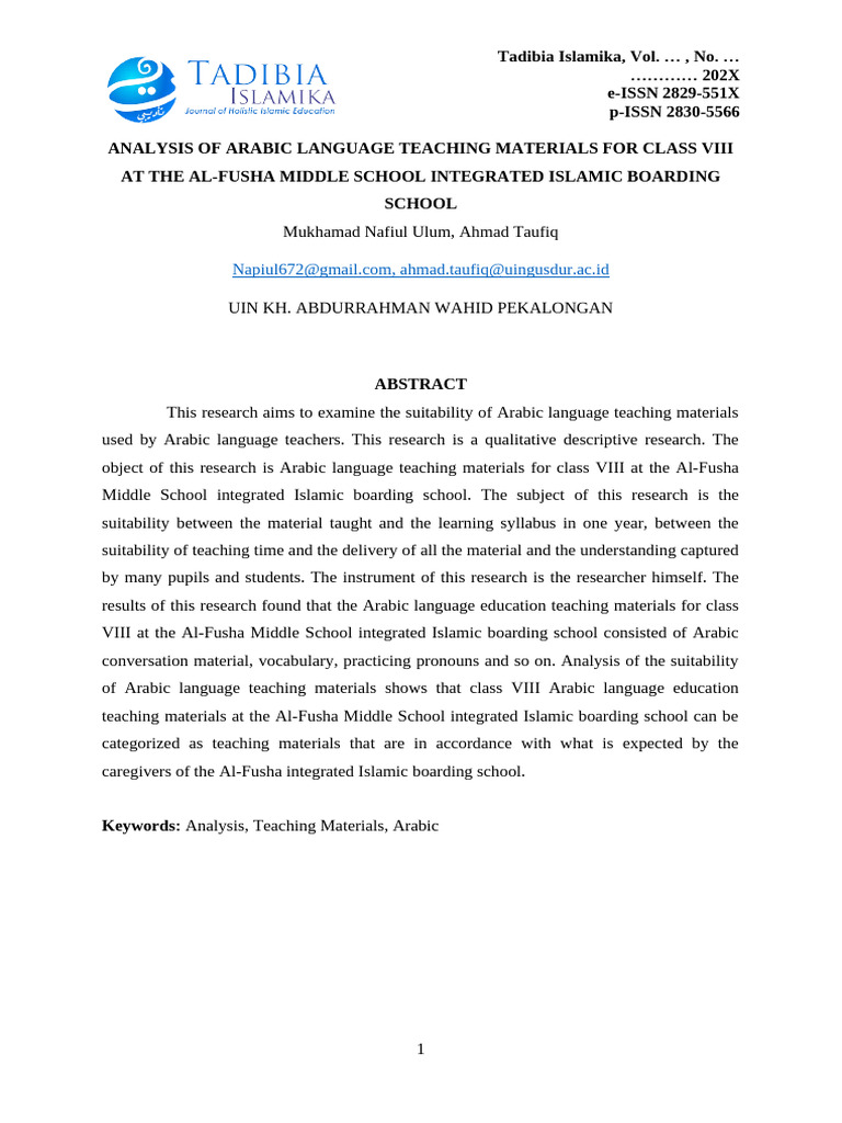 Arabic Teaching Materials Analysis in Al-Fusha | PDF | Curriculum ...