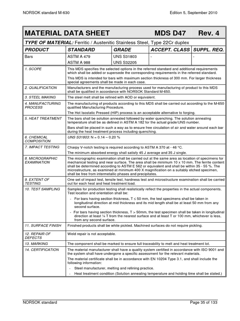 Material Data Sheet Mds D47 Rev. 4: Type of Material: Product Standard ...