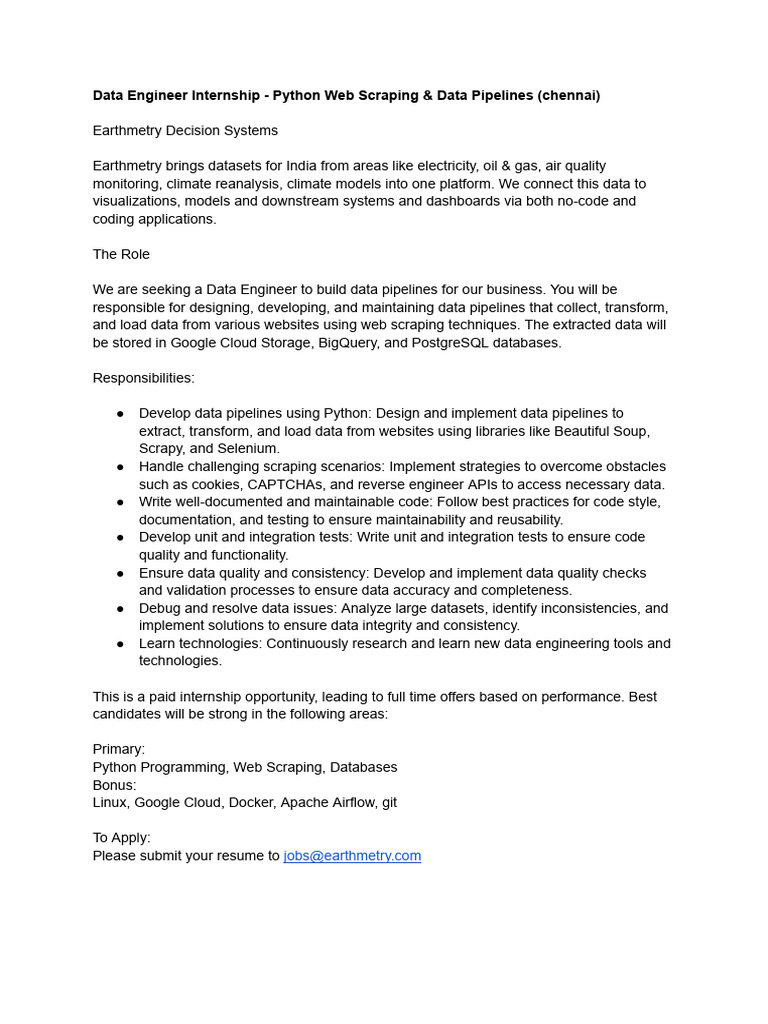 Data Engineer Internship in Chennai | PDF