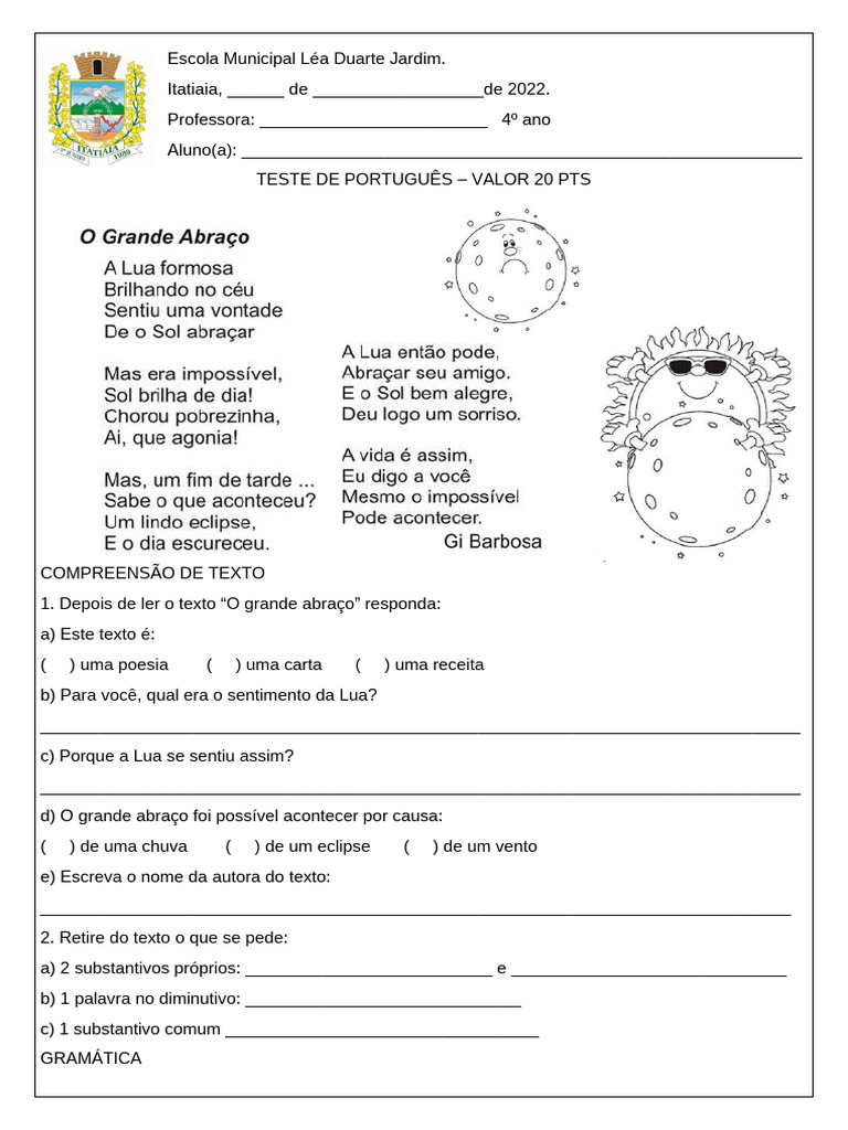 Teste de Português para 4º Ano | PDF | Carreira e Crescimento | Arte