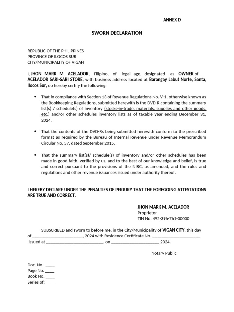 Sworn Declaration for Business Inventory | PDF