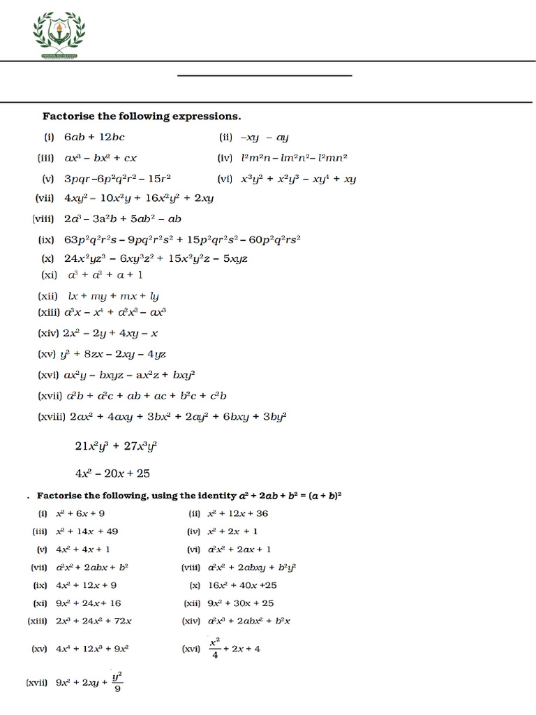 Grade 8 Factorisation Worksheet | PDF