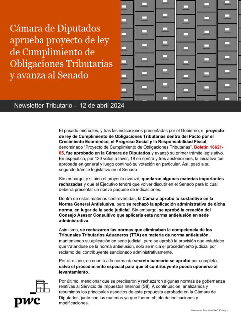 PWC Chile Newsletter Camara Aprueba Proyecto de Cumplimiento de ...