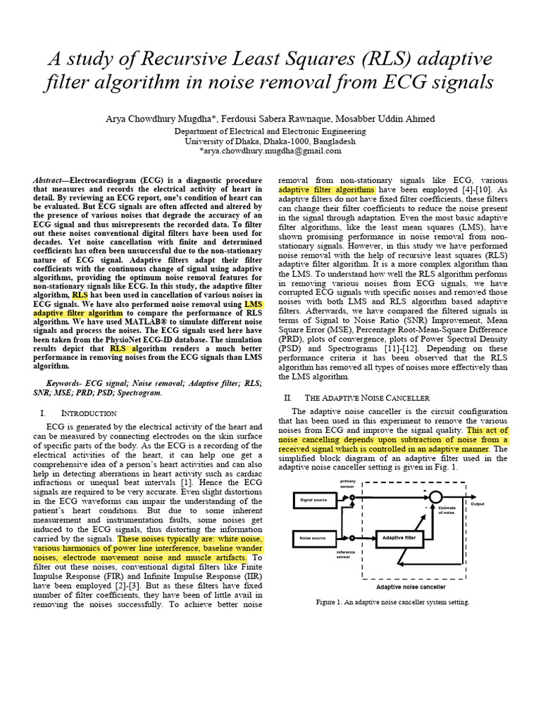 A Study of Recursive Least Squares RLS Adaptive Filter Algorithm in ...
