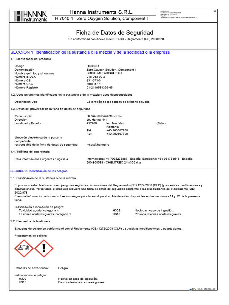 Ficha de Seguridad HI7040-1 SODIO METABISULFITO | PDF | Agua | Toxicidad