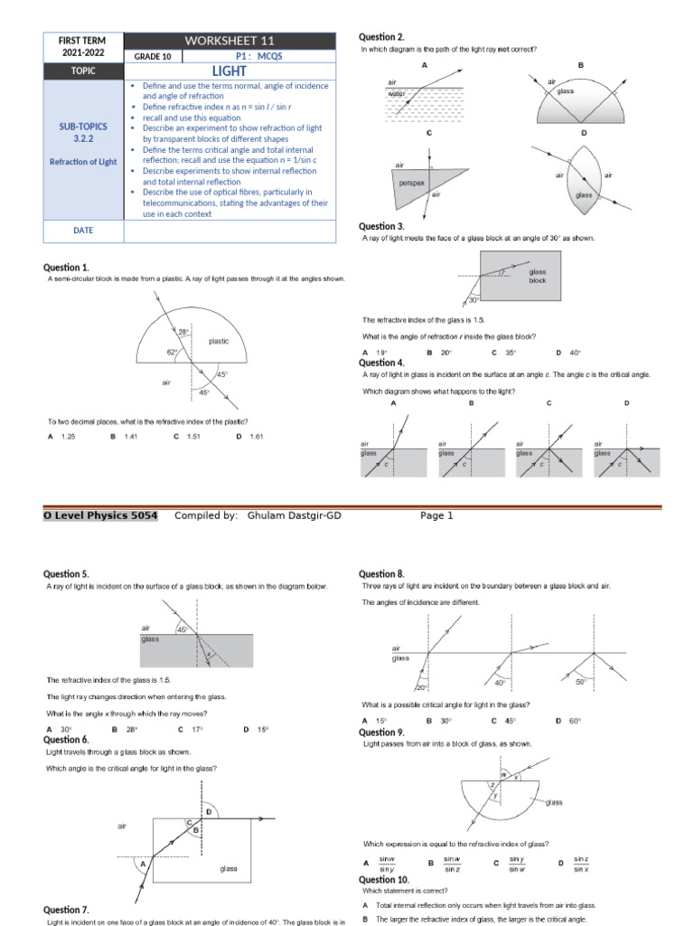 Light Refraction Worksheet 11 | PDF | Reflection (Physics) | Waves