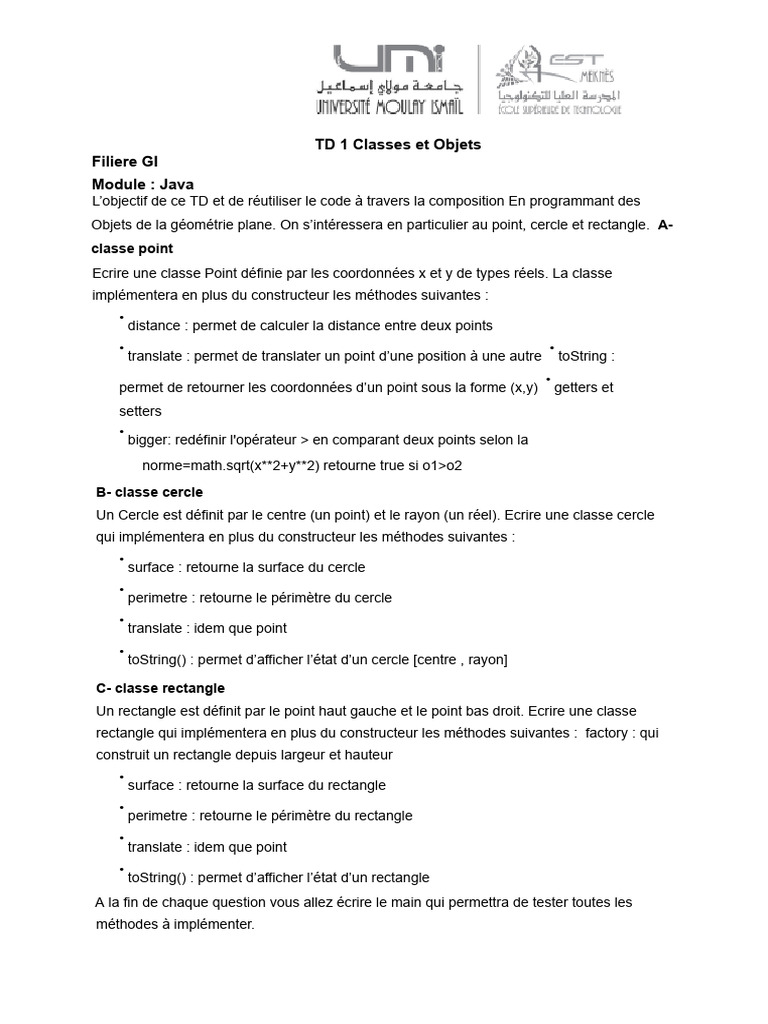 TD Java : Classes Point, Cercle, Rectangle | PDF