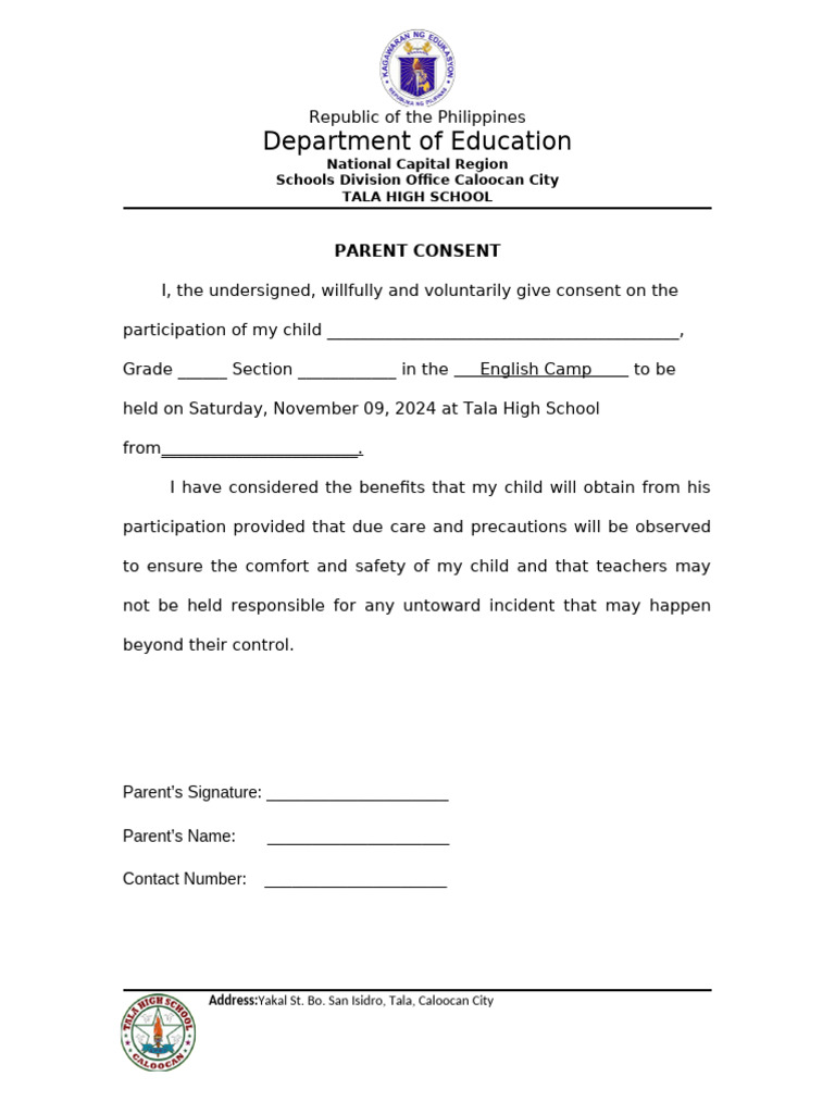 Parent Consent for English Camp 2024 | PDF