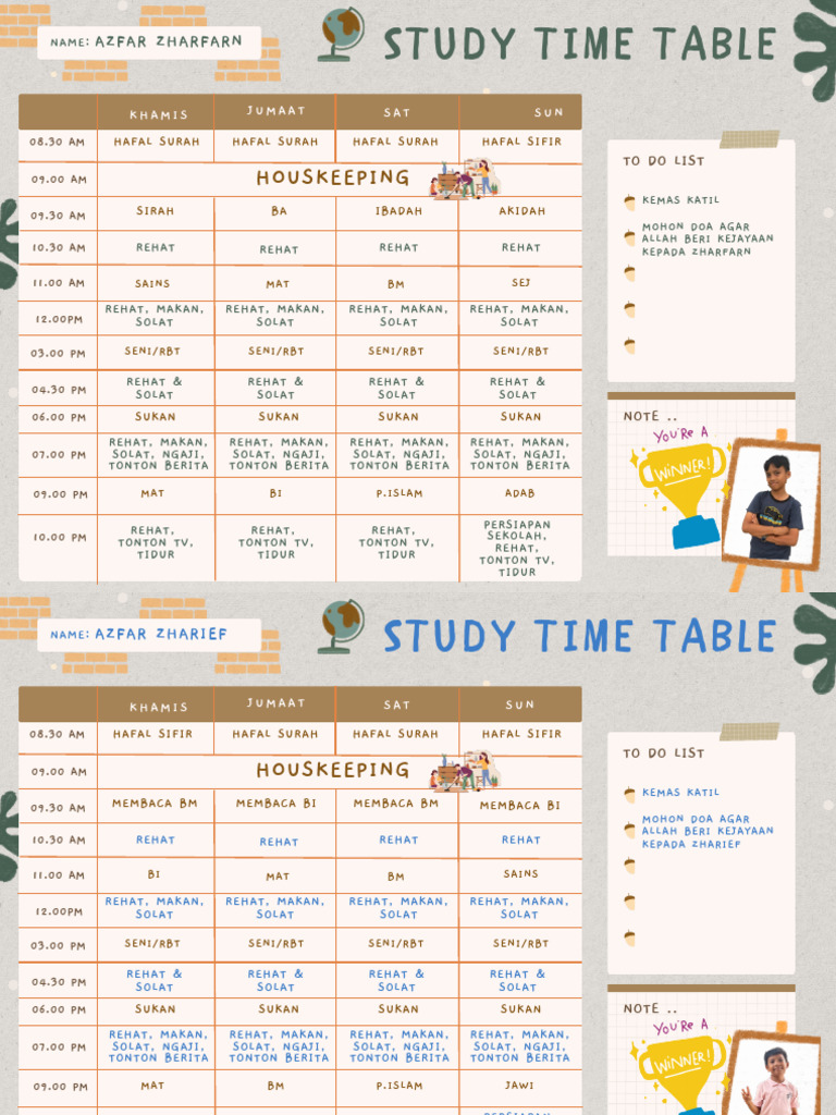 Study Time Table With Cute Illustration | PDF