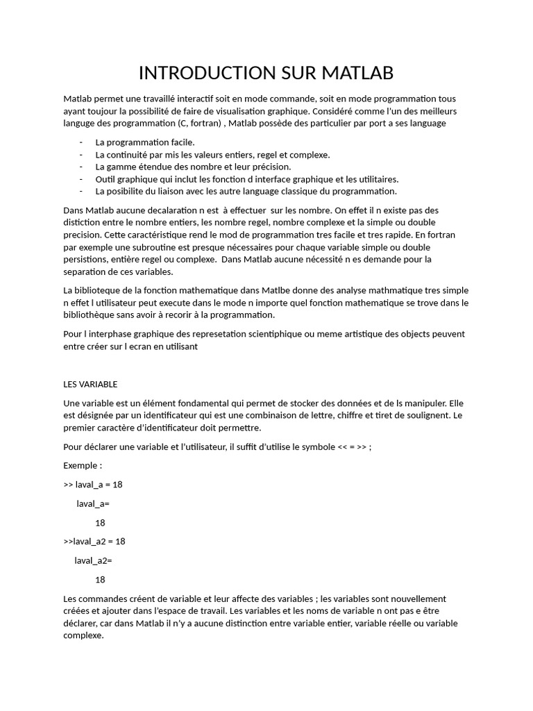 Introduction à MATLAB : Variables et Types | PDF | MATLAB ...