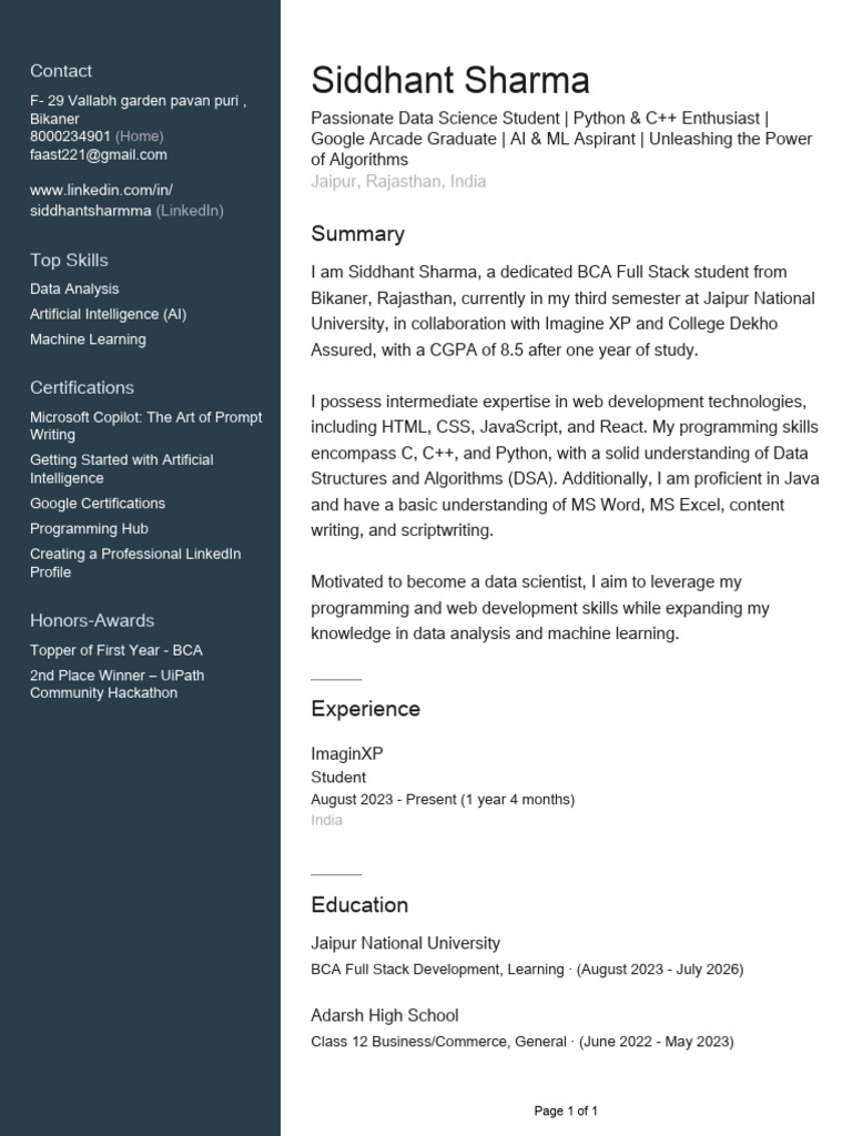Siddhant Sharma: Data Science Student Profile | PDF | Software ...