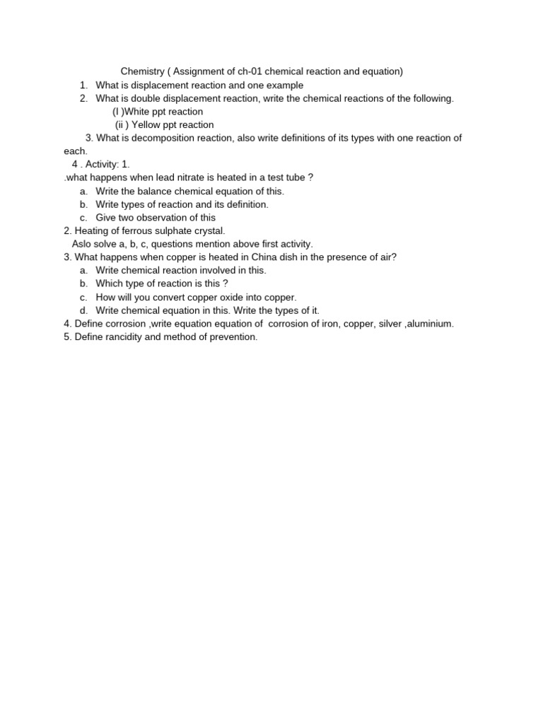 Chemistry (Assignment of Ch-01 Chemical Reaction and Equation) | PDF