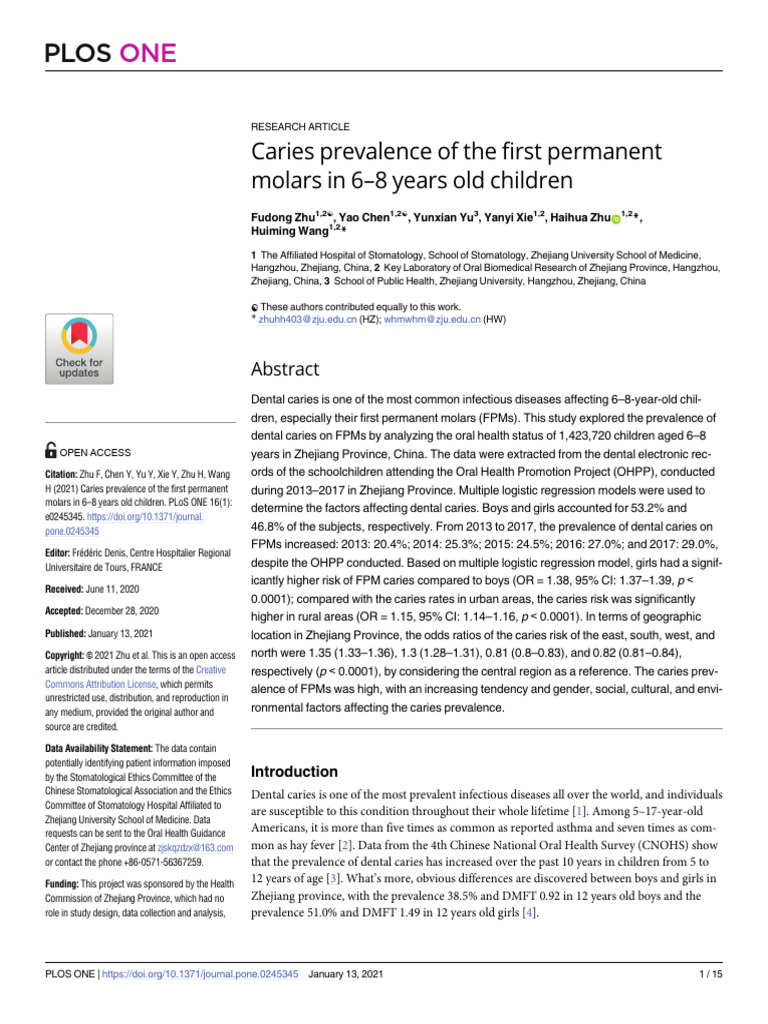 Caries Prevalence of The First Permanent Molars in | PDF | Clinical ...