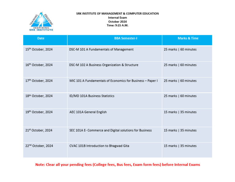 Internal Exam Schedule for BBA 2024 | PDF | Art | Technology & Engineering