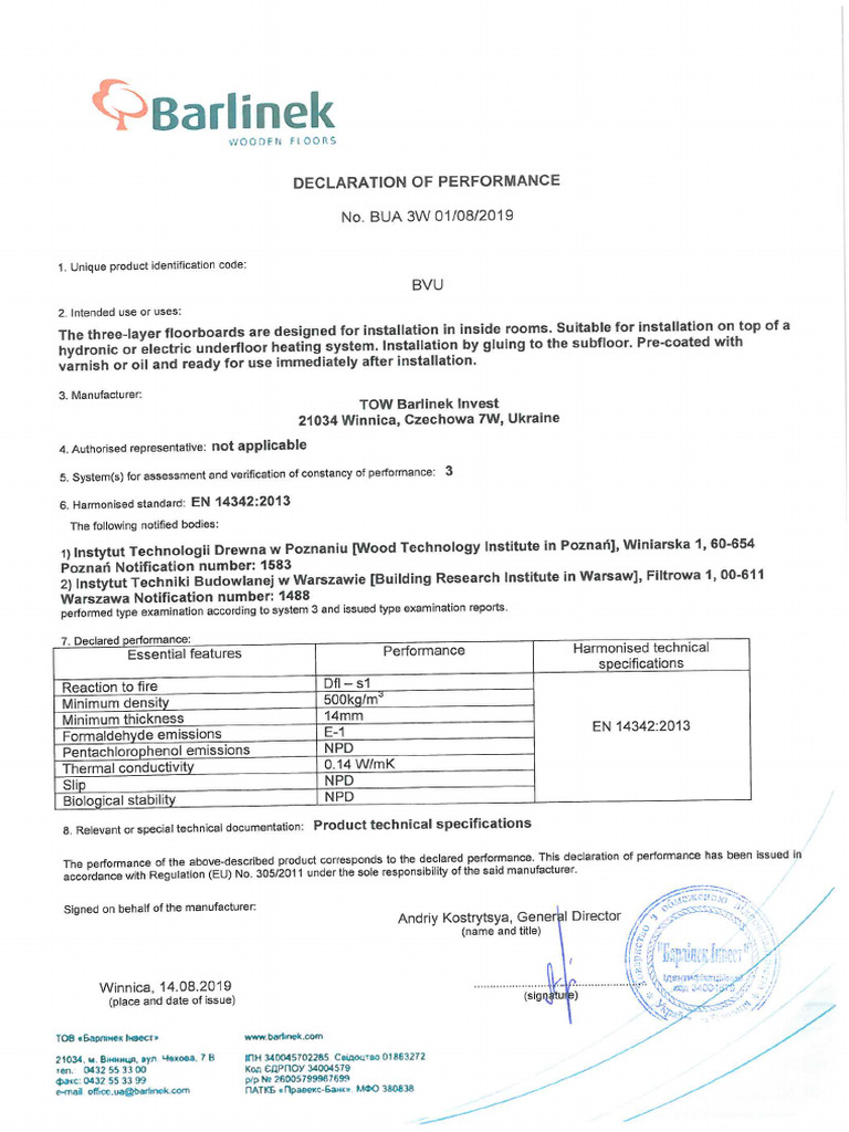 Declaration of Performance Bvu | PDF