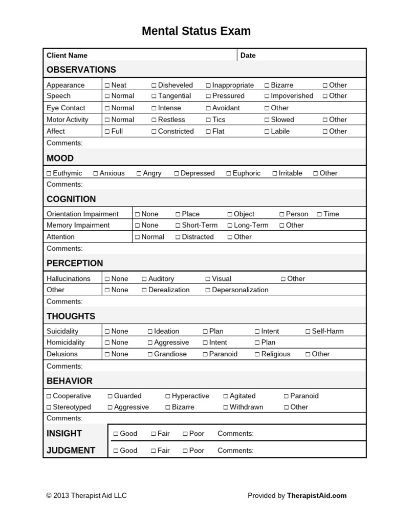 Mental Status Exam Checklist | PDF