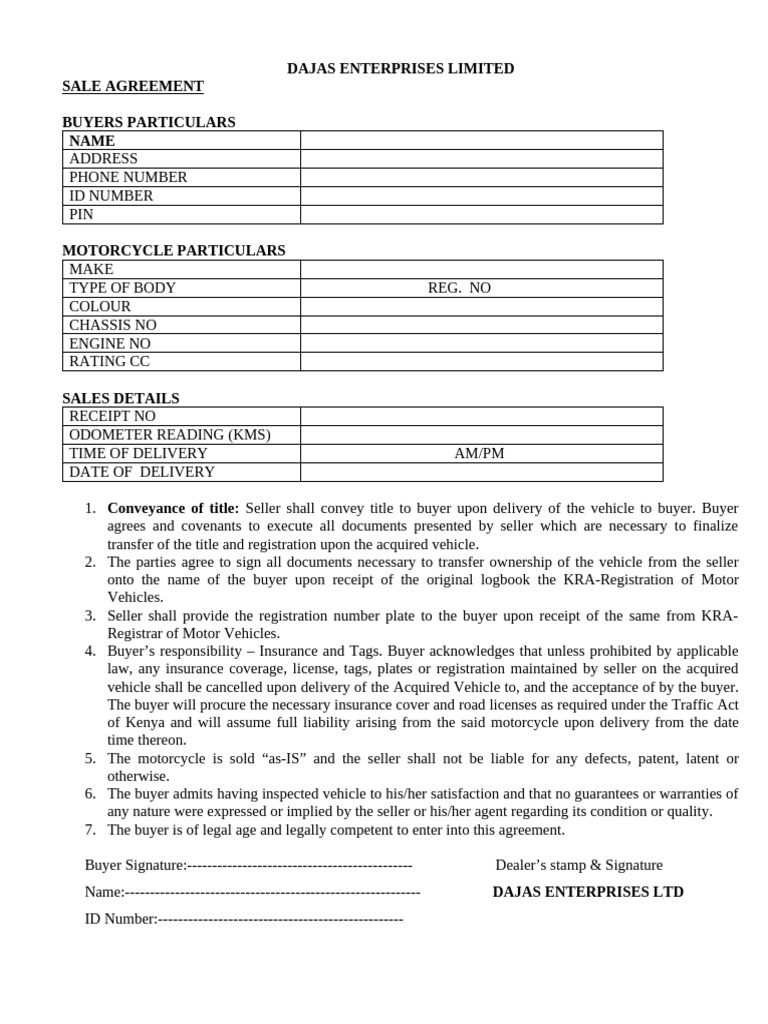 Motorcycle Sale Agreement Template | PDF