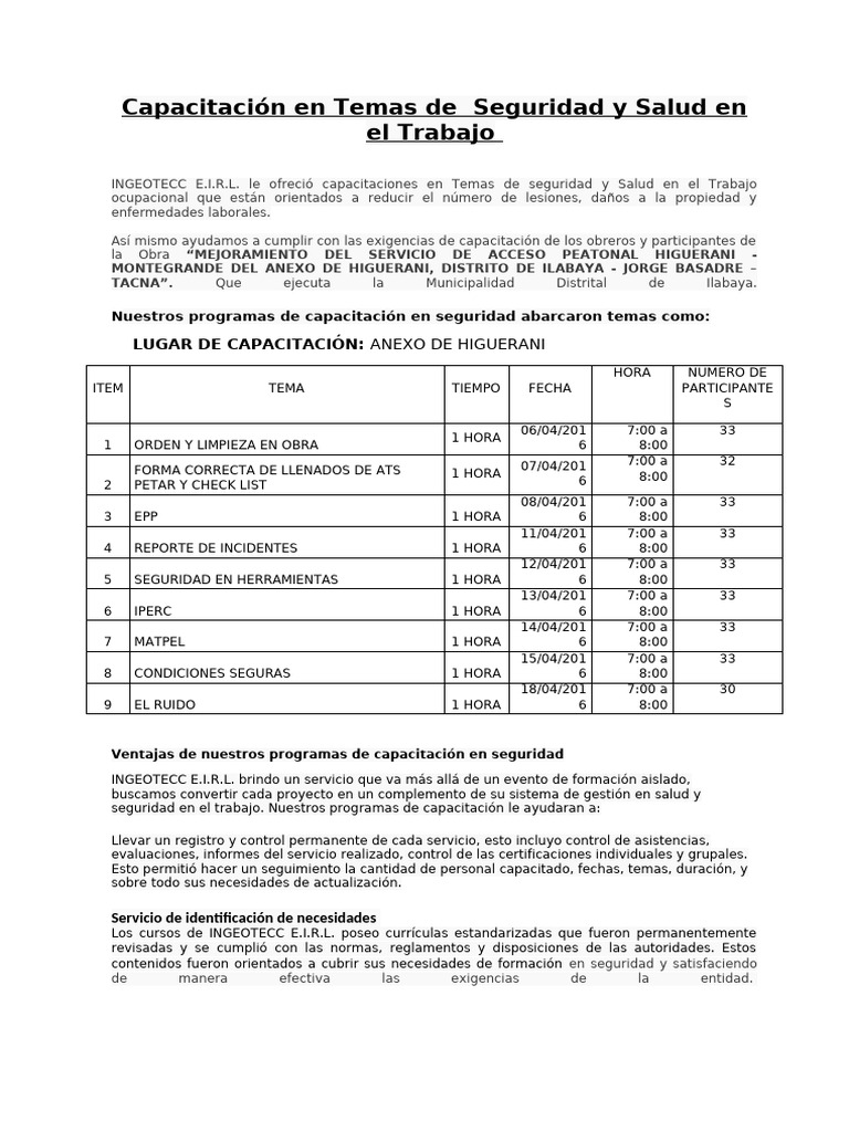 Capacitación en Temas de Seguridad y Salud en El Trabajo | PDF ...
