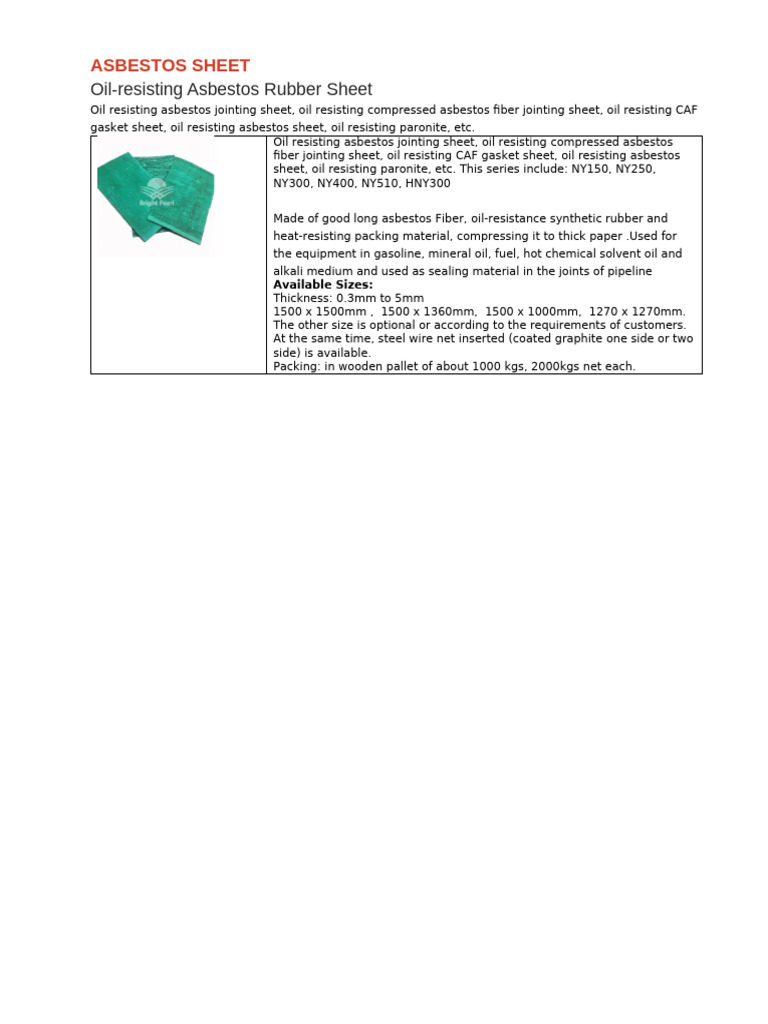 Oil-Resistant Asbestos Sheets Overview | PDF