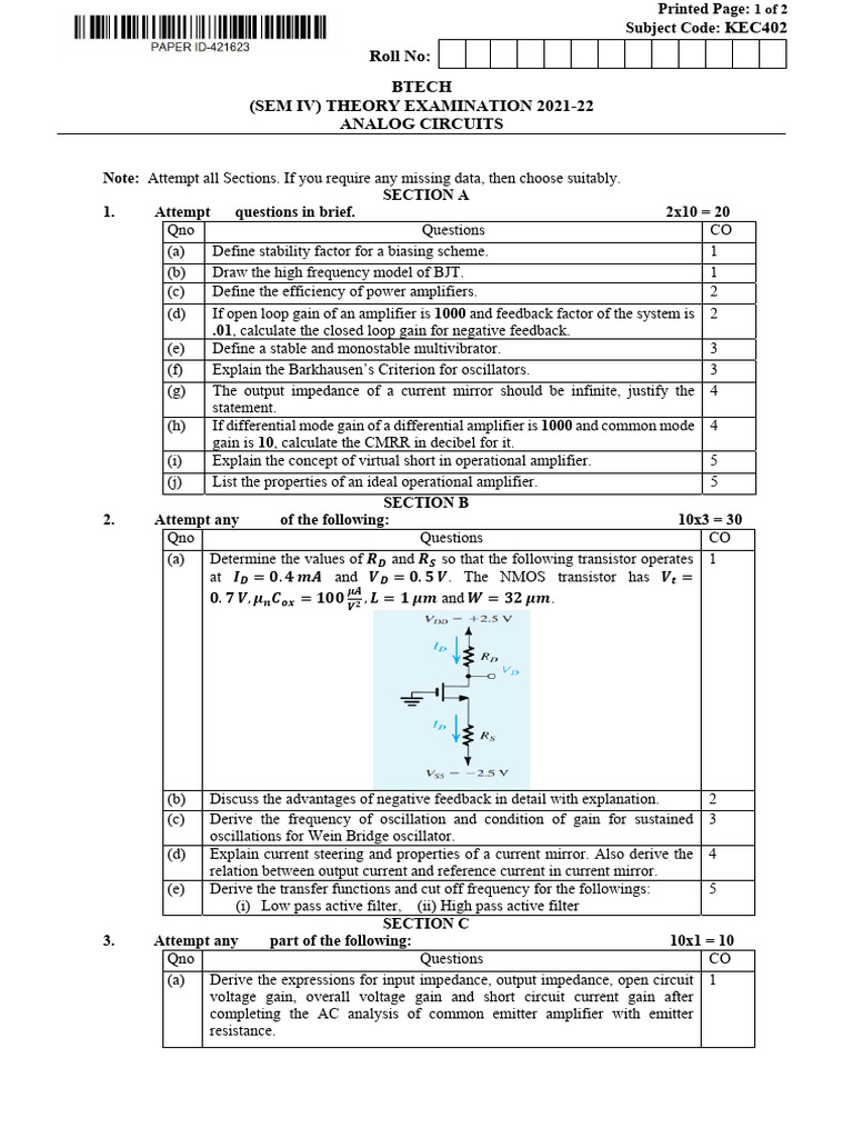 BTech Analog Circuits Exam Paper 2021-22 | PDF | Amplifier | Electronic ...