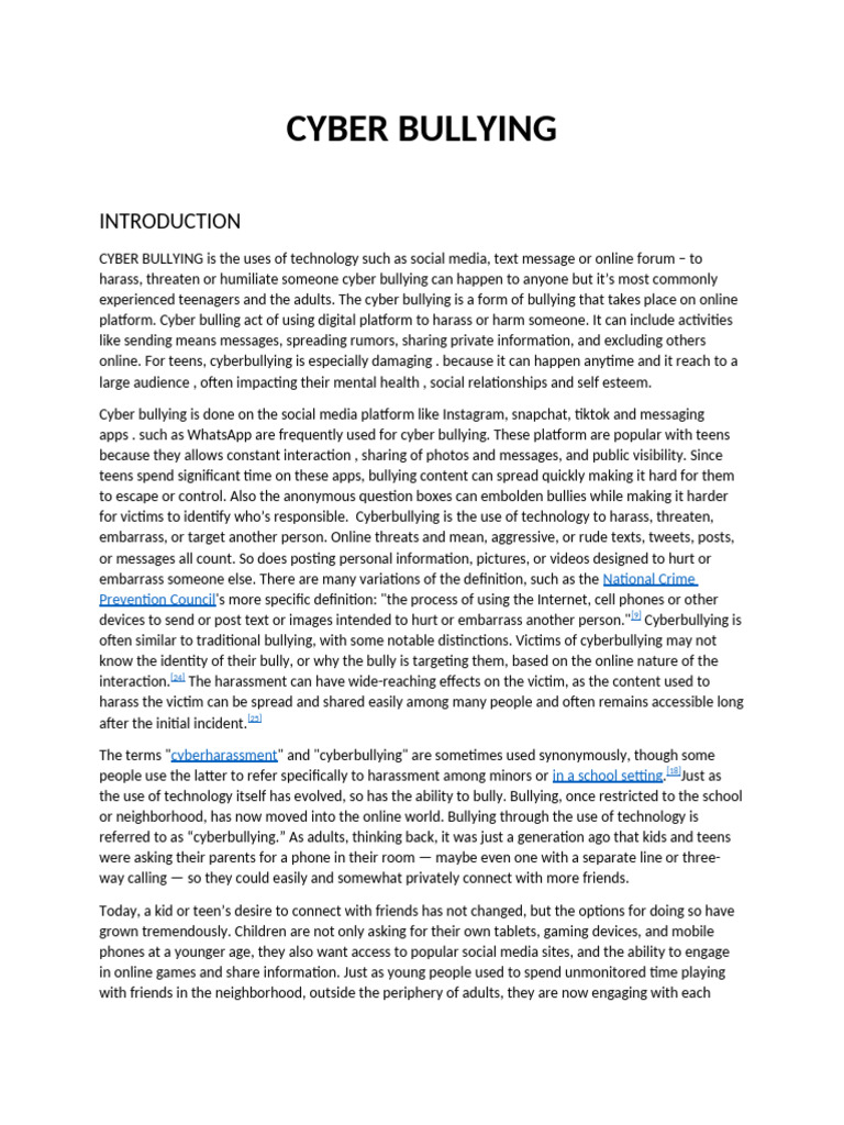 Introduction and Definition On The Cyber Bullying | PDF | Cyberbullying ...