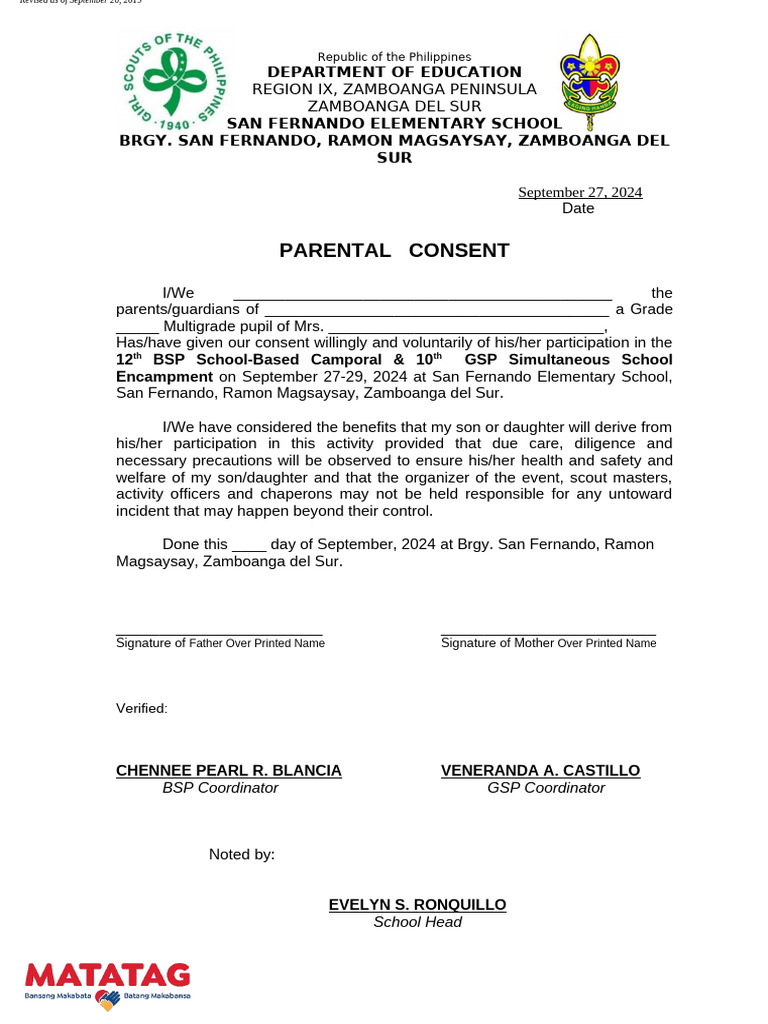 Parental Consent for School Camp 2024 | PDF