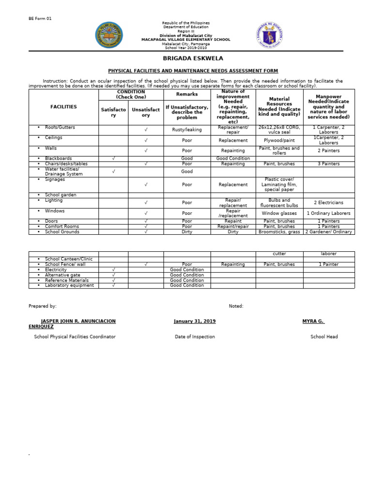 Brigada Eskwela Facilities Assessment Form | PDF