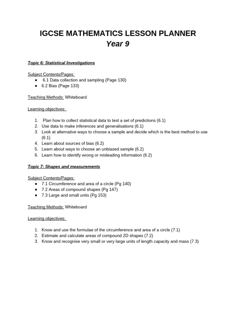 IGCSE Maths Lesson Planner Overview | PDF | Area | Statistics