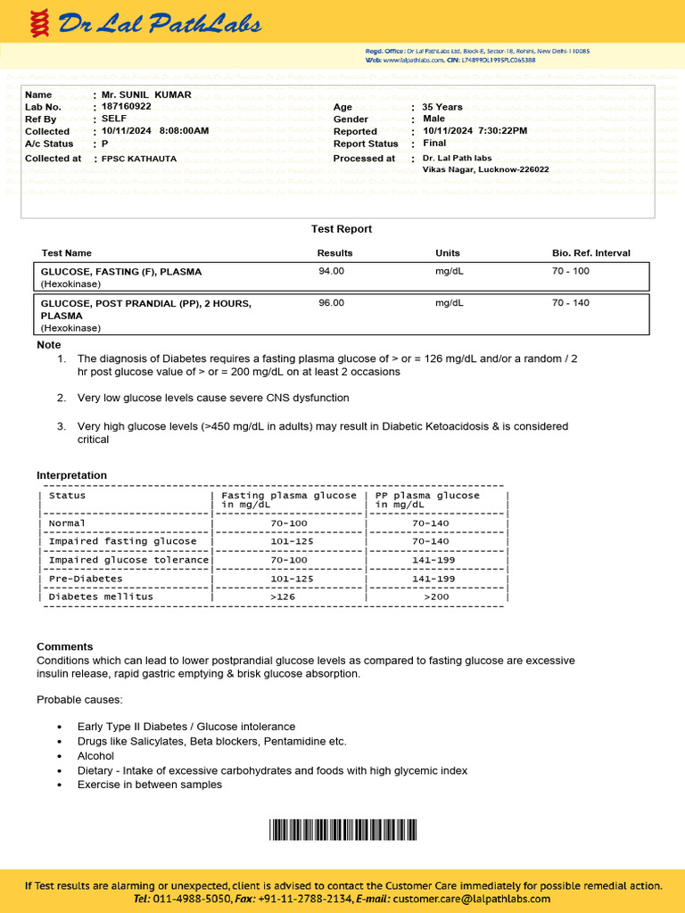 Fasting and Post-Prandial Glucose Report | PDF | Prediabetes | Diabetes