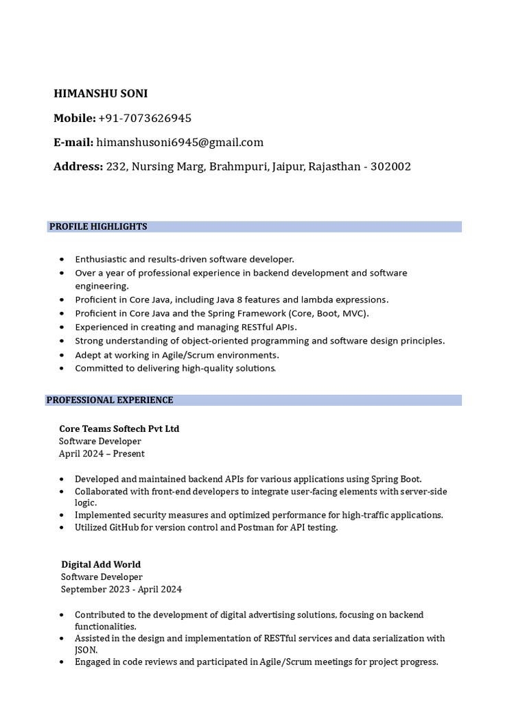 Himanshu Soni: Software Developer Profile | PDF | Spring Framework ...