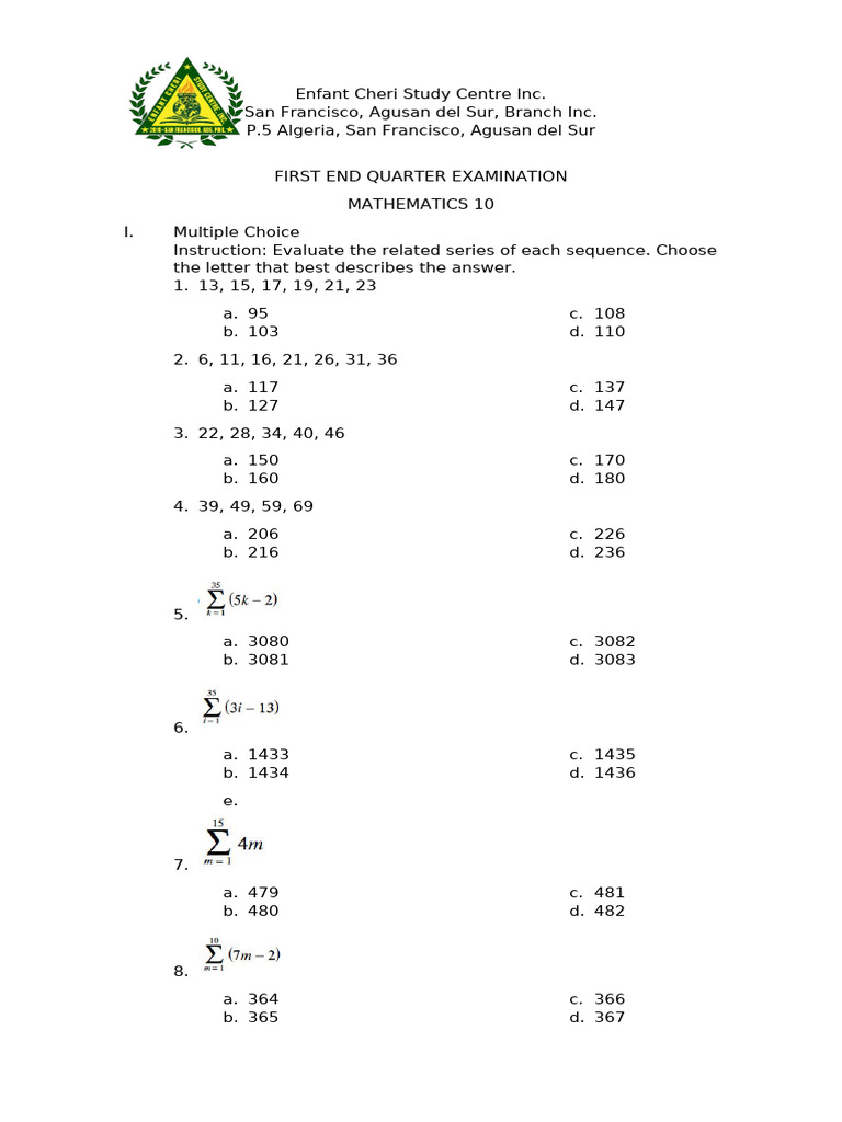 Mathematics 10 First Quarter Exam | PDF | Mathematics | Mathematical ...
