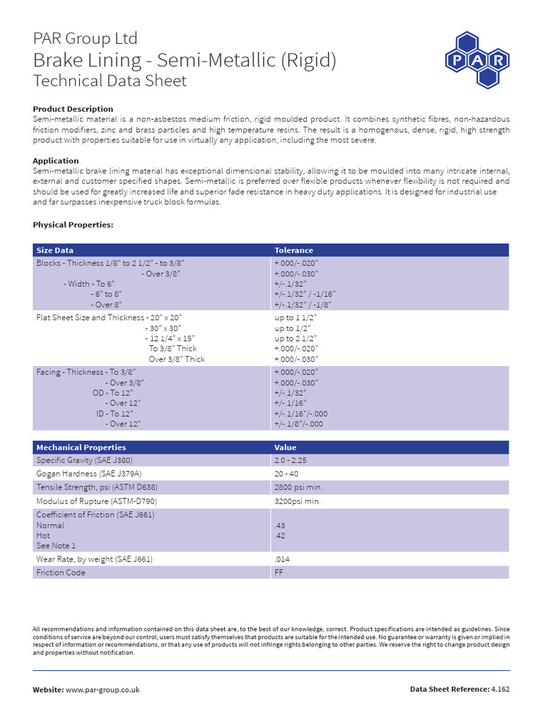 Semi-Metallic Brake Lining Data Sheet | PDF | Friction | Materials Science