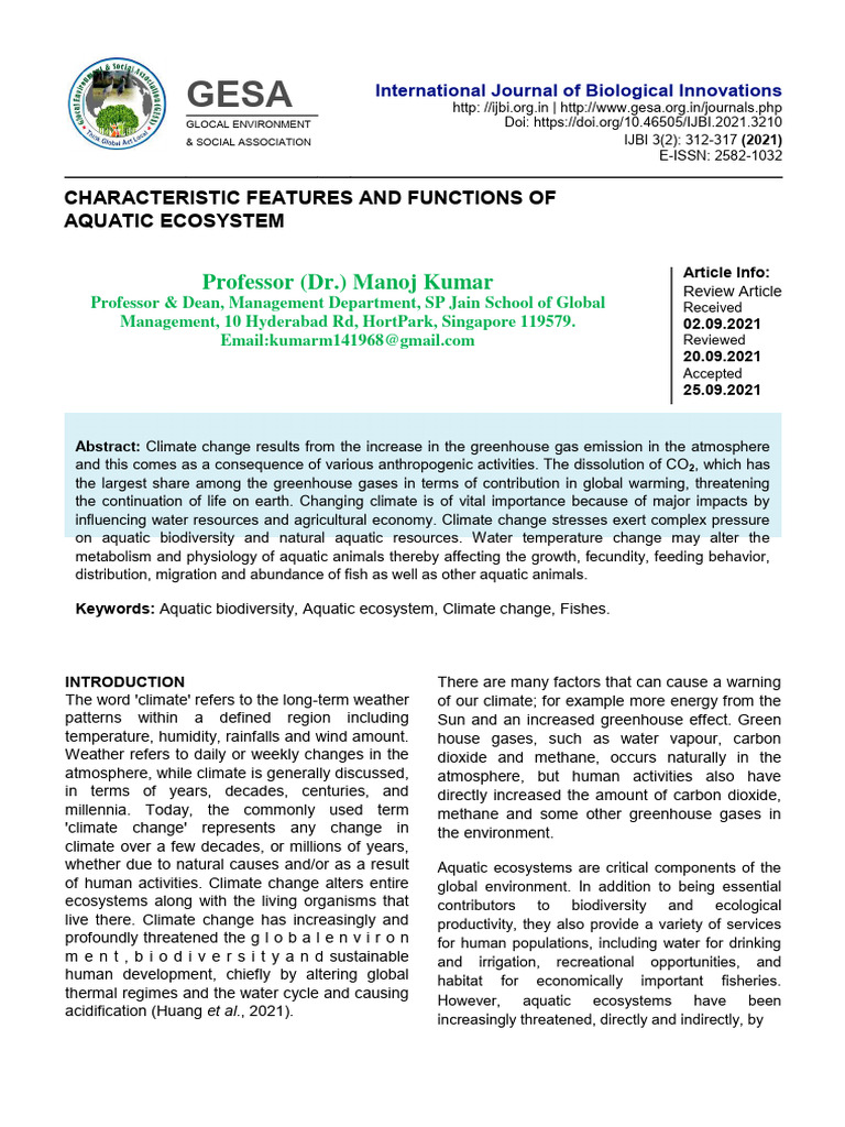 Manoj Kumar Aquatic Ecosystem | PDF | Oceans | Climate Change