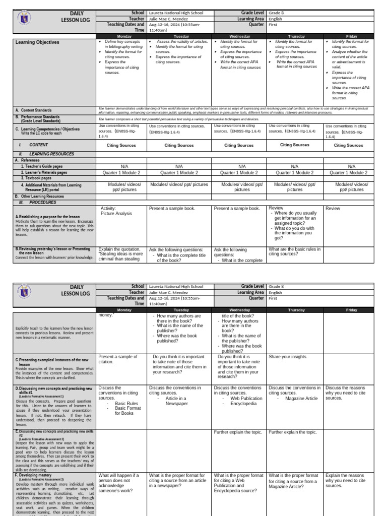 G8 - DLL Q1 Week3 Aug12 16 | PDF | Learning | Teachers