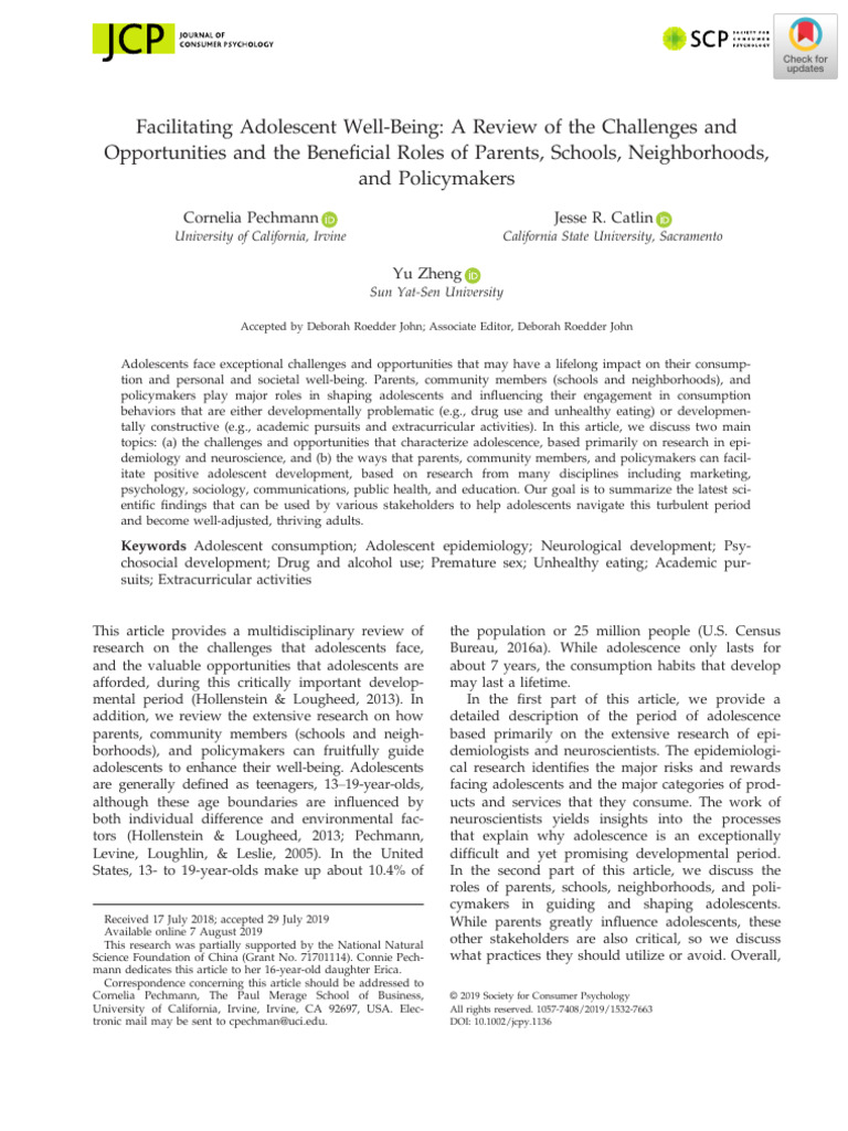 Pechmann Et Al 2019 Facilitating Adolescent Well-Being MKT and Other ...