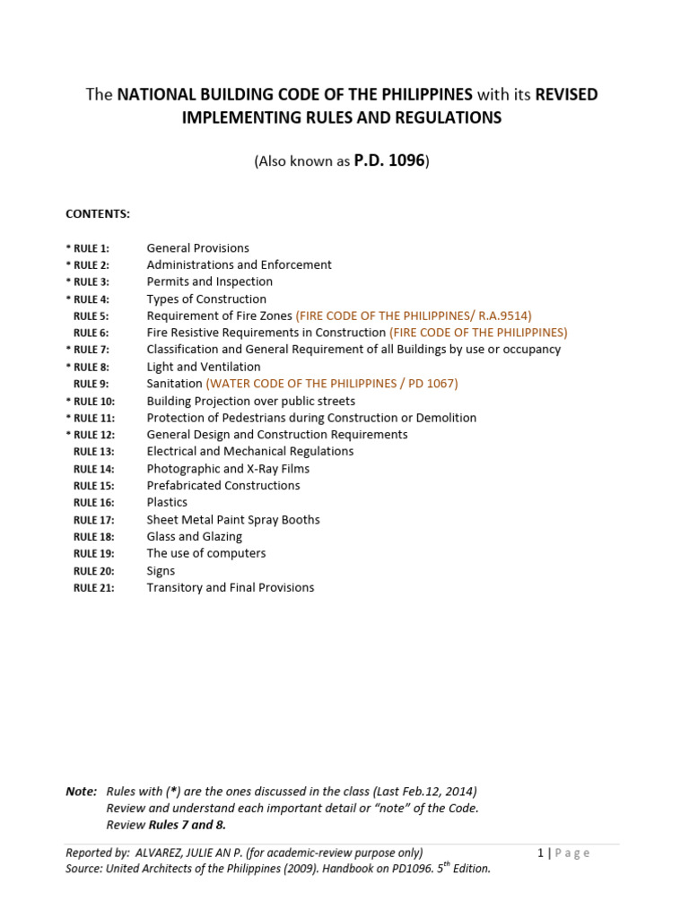 ALVAREZ - PD1096 or NATIONAL BUILDING CODE OF THE PHILIPPINES | PDF ...