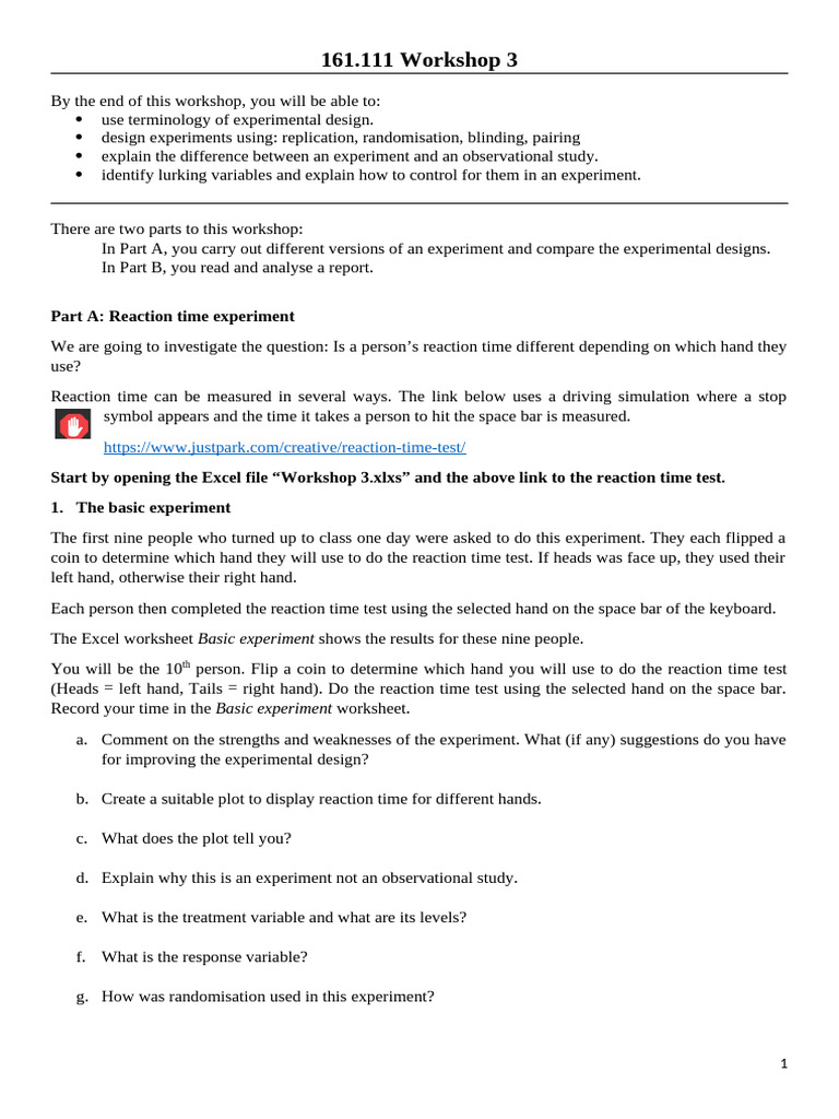 Experimental Design Workshop Guide | PDF | Experiment | Mental Chronometry