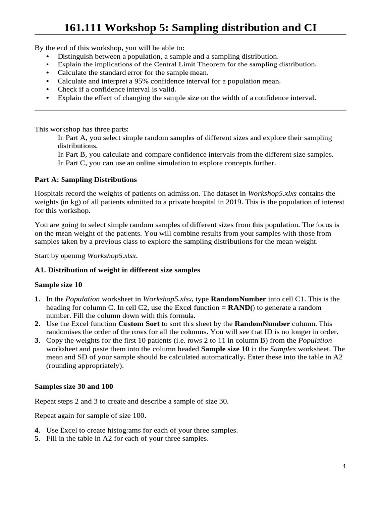Workshop 5 (Sampling Distribution, CI For Mean) | PDF | Confidence ...