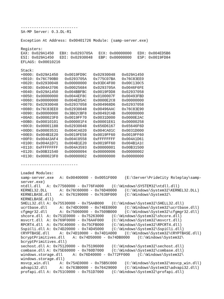 SA-MP Server Exception Report | PDF | Computing | Ibm Pc Compatibles