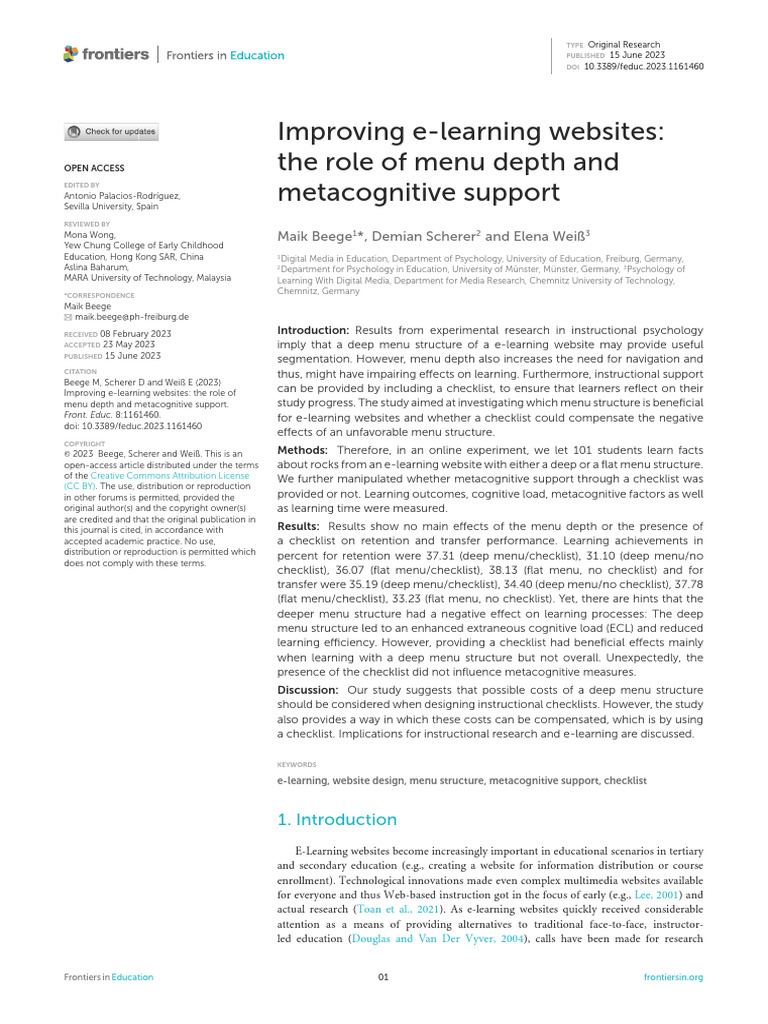 Enhancing E-Learning: Menu Depth Impact | PDF | Learning | Metacognition