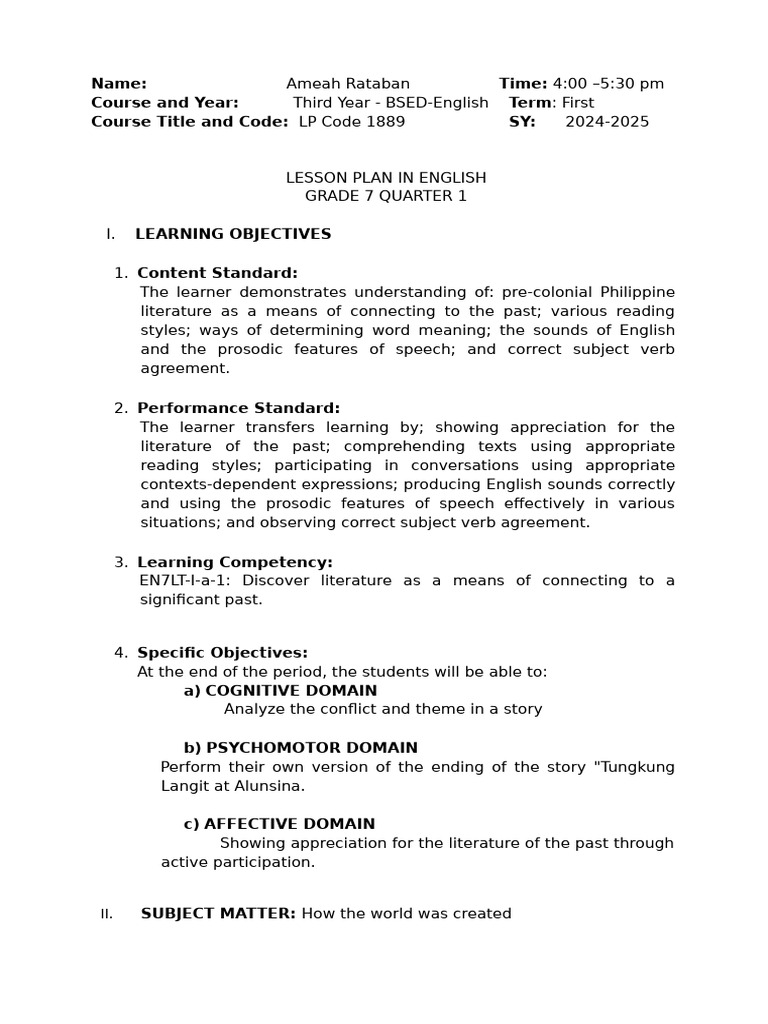 Grade 7 English Lesson Plan: Tungkung Langit | PDF | Learning | Lesson Plan