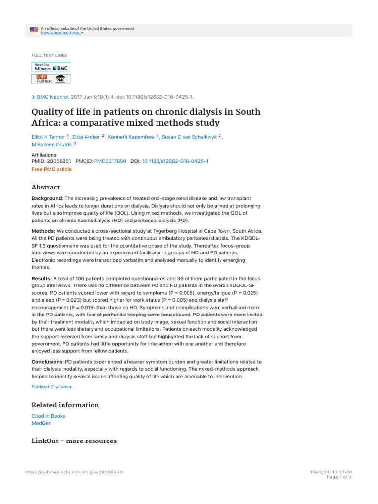 Quality of Life in Patients On Chronic Dialysis in South Africa - A ...