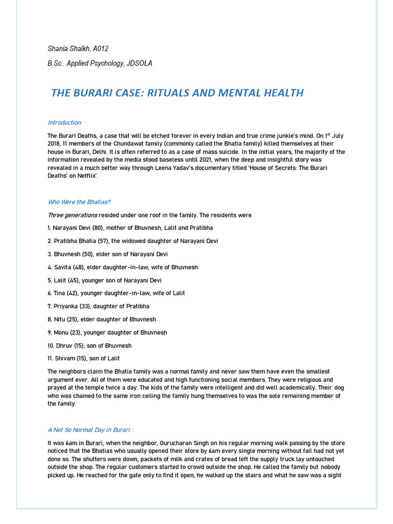 THE BURARI CASE Shania Shaikh | PDF | Psychosis | Mental Disorder
