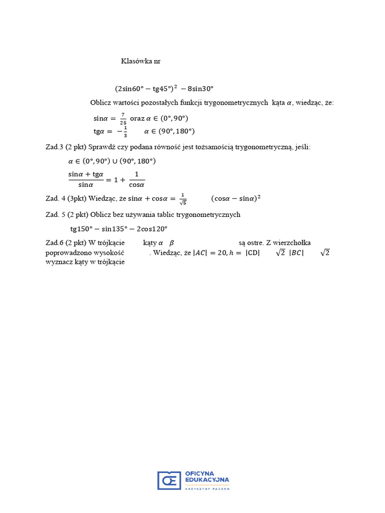 2019 3 Klasowka kl2 Trygonometria ZP Ab Wer3 | PDF