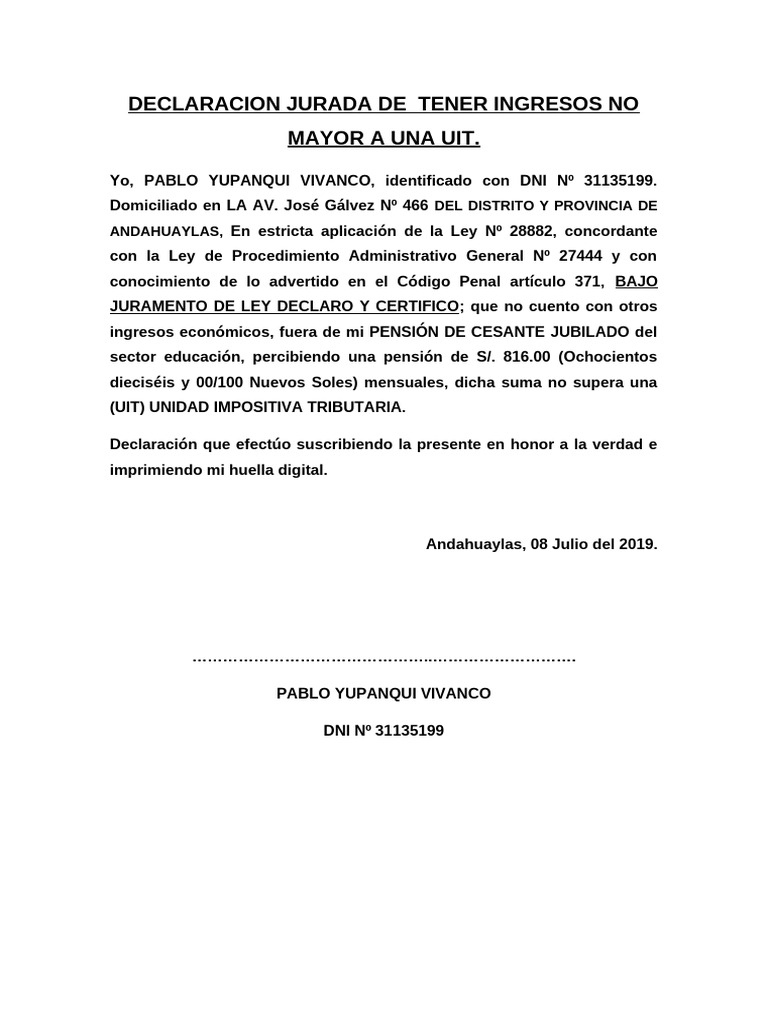 Declaración Jurada de Ingresos Limitados | PDF | Derecho