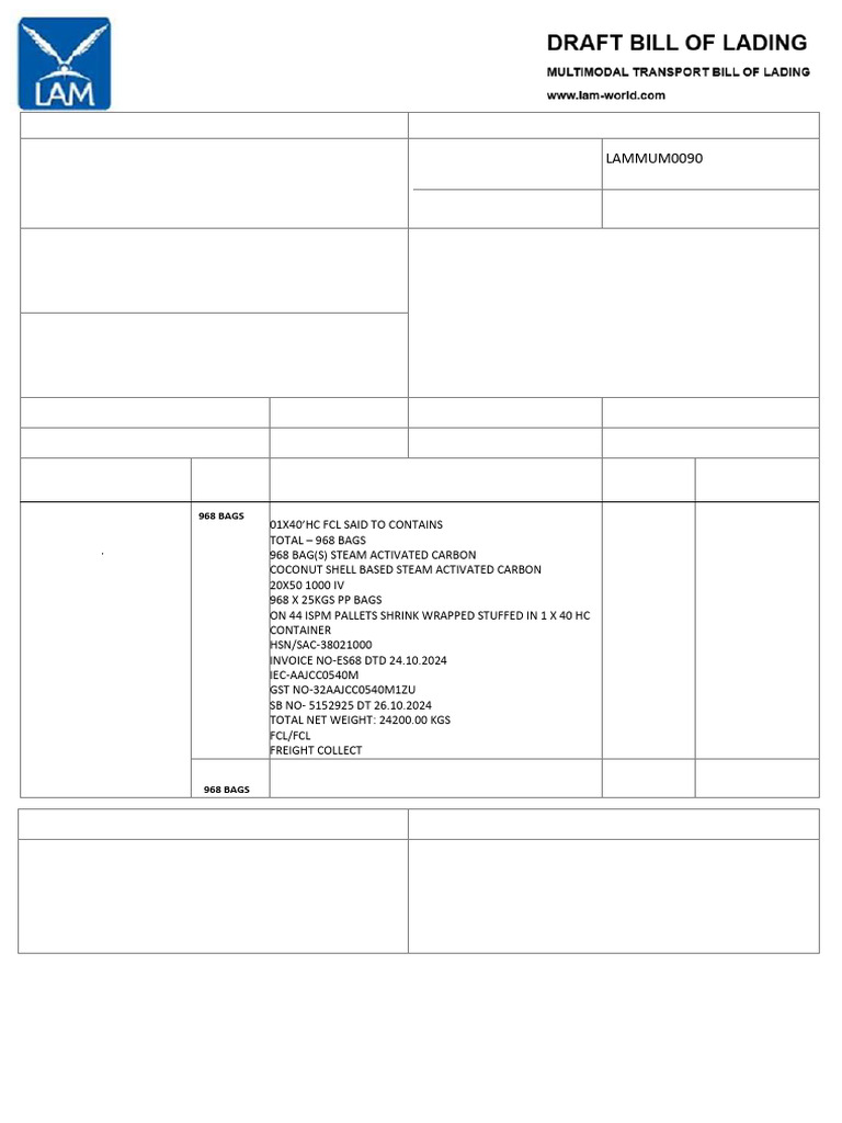 Bill of Lading for Coconut Shell Carbon | PDF | Cargo | Bill Of Lading